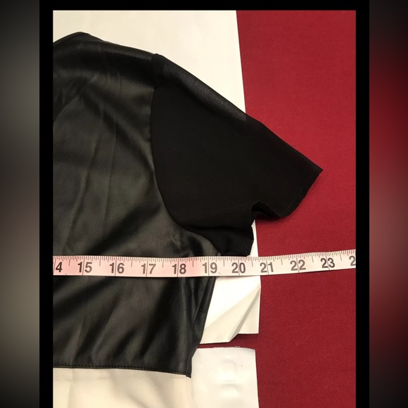 Black faux leather White chiffon TUNIC Hi Low Blouse Flowy Zip Back Pullover s/s - Picture 3 of 11